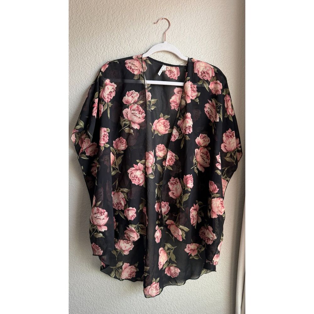 Live 4 Truth Black Pink Rose Floral Sheer Kimono Cardigan Medium